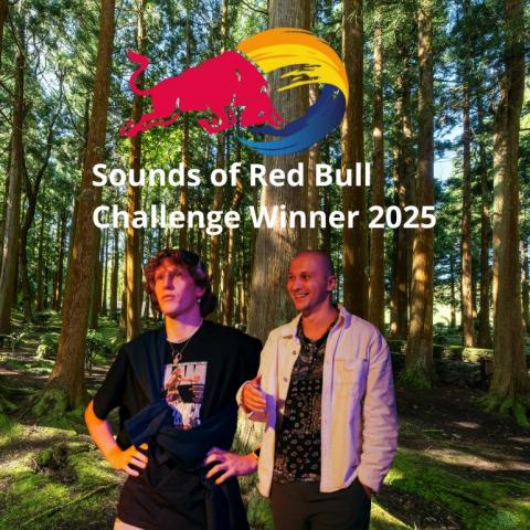 Collage mit Key Jersie, Stepan Sobanov mit Sounds of Red Bull Logo und im Hintergrund Wald